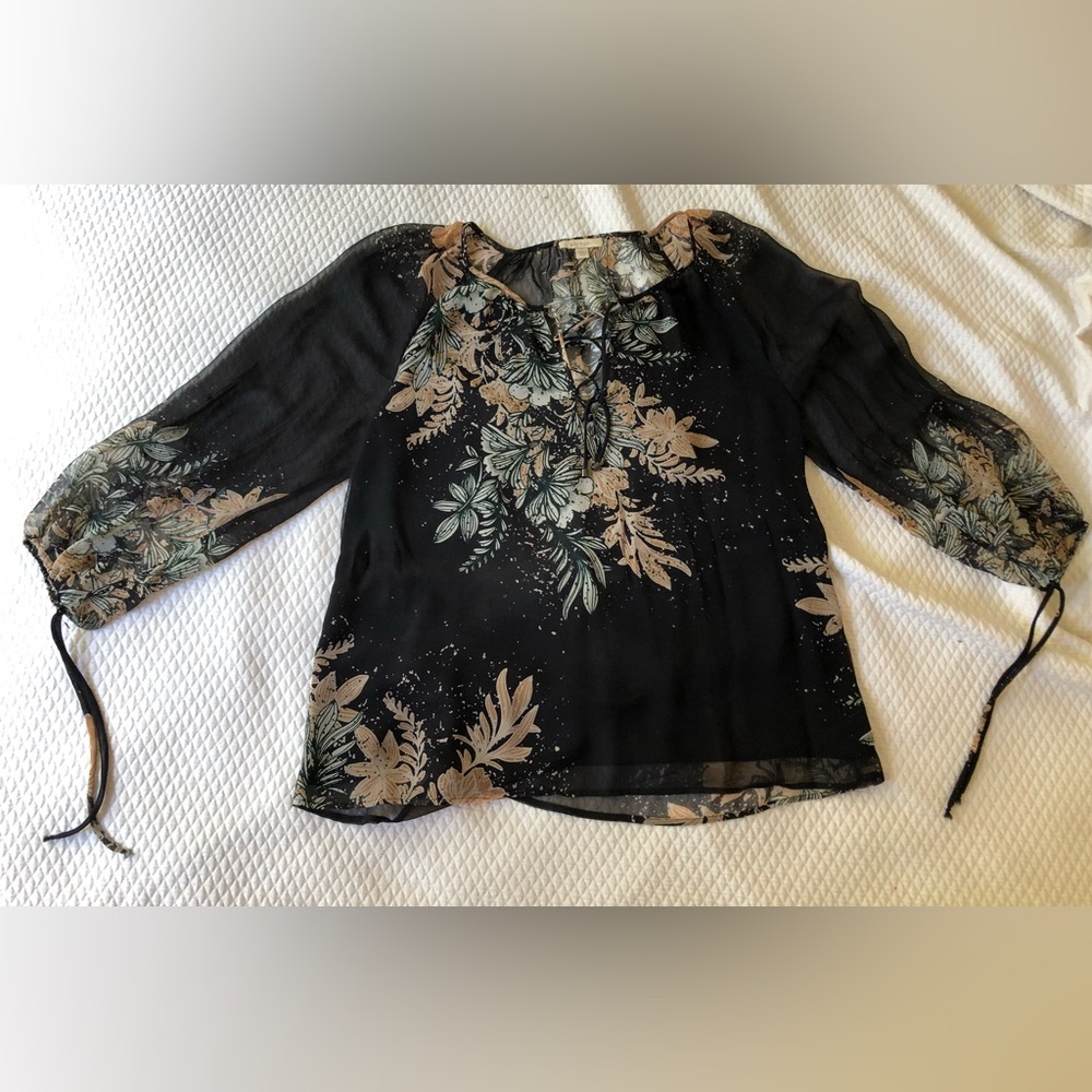 Ella Moss Floral Sheer Black Silk Blouse with Decorative Tie Sleeves. Large